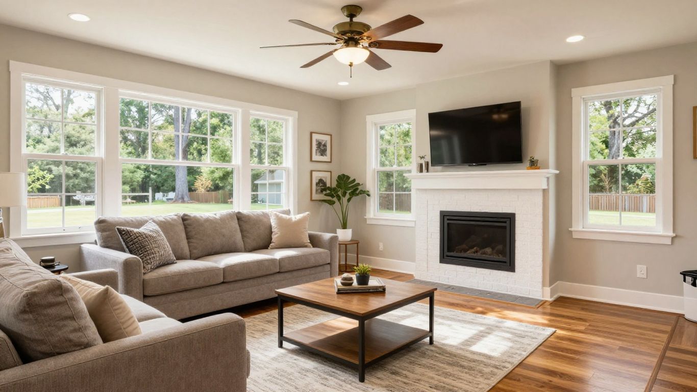 Finished basement living space with comfortable seating.