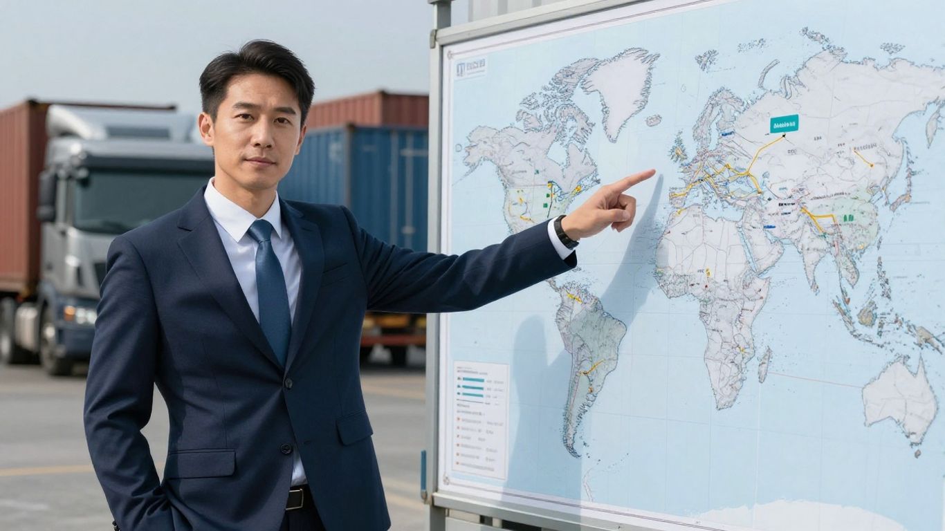 Freight broker career guide with trucks and world map.