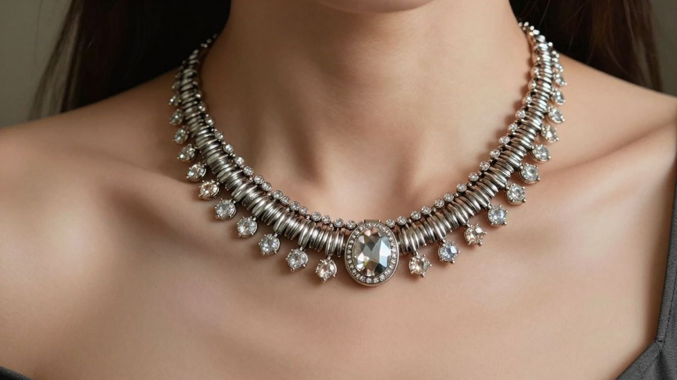 Woman wearing a large, sparkling statement necklace.
