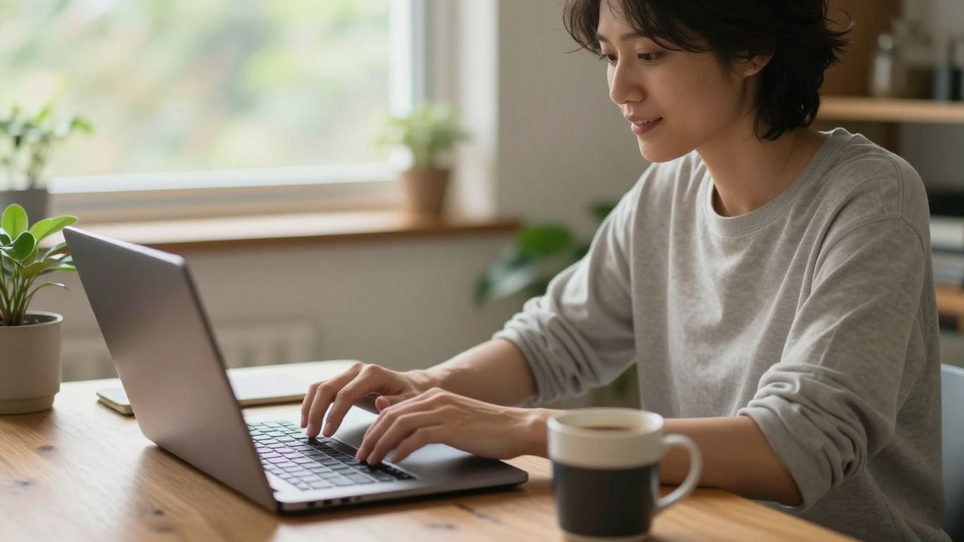 Person working on laptop at home in Australia.
