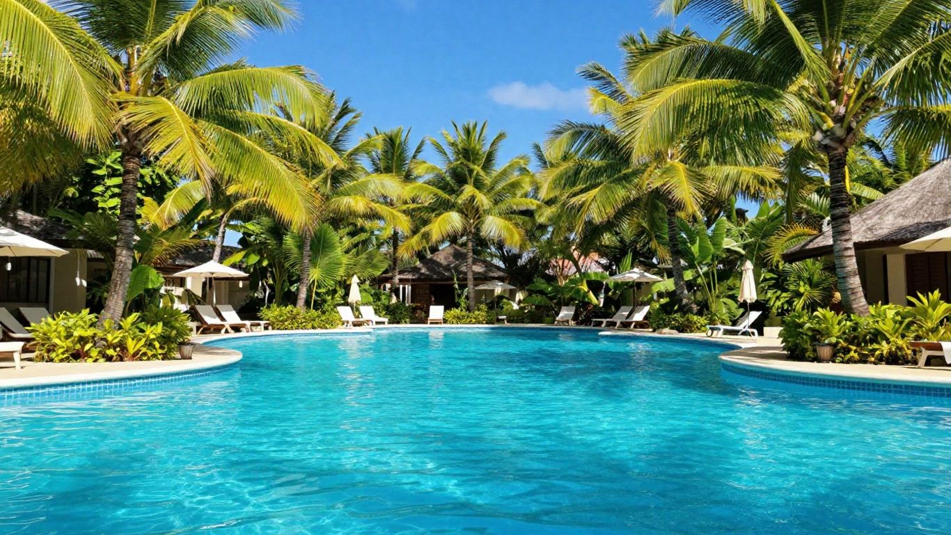 The expansive lagoon pool and surrounding palms