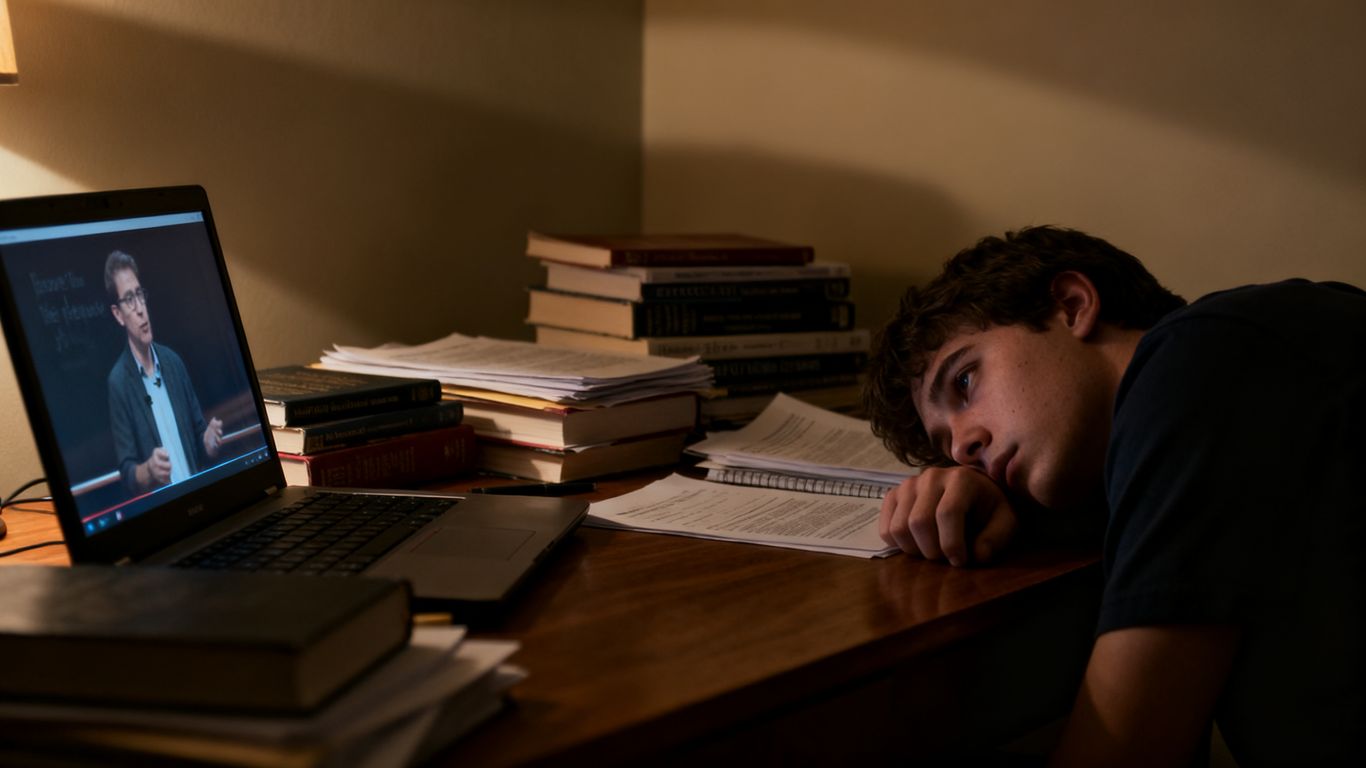 Person unmotivated by video lectures, surrounded by books.