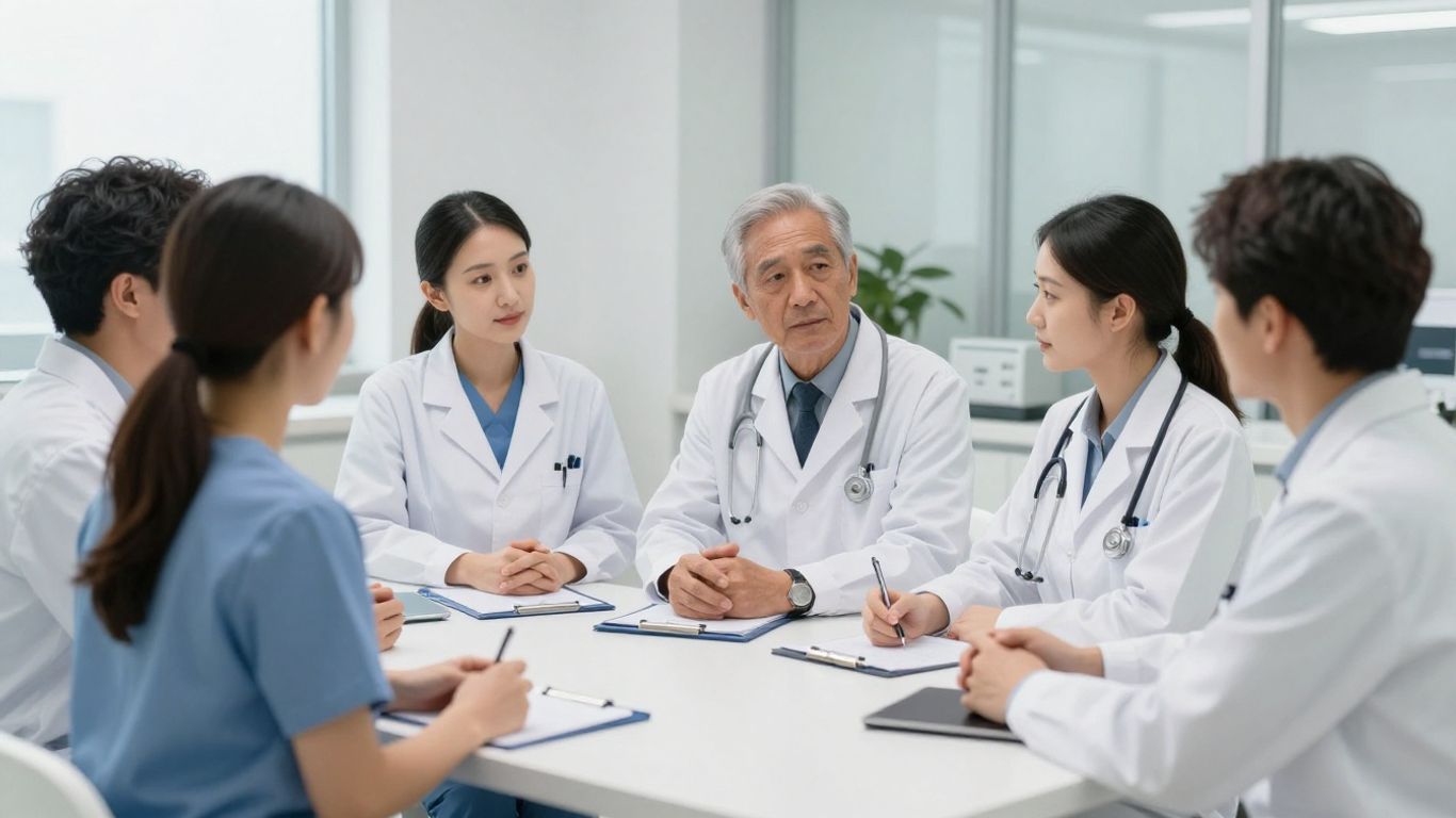 Medical professionals coordinating patient calls in a clinic.