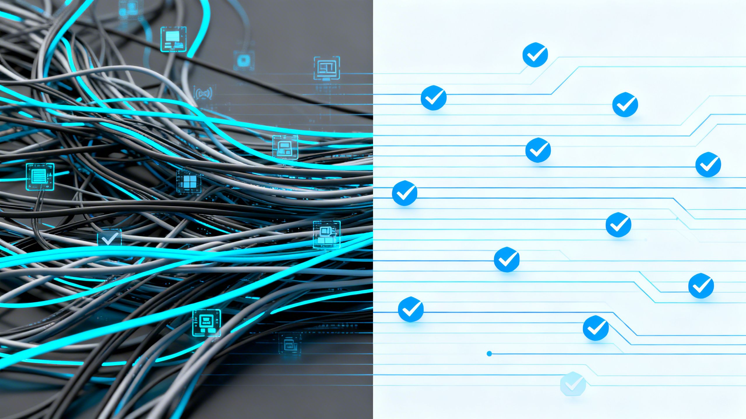 A split image showing a chaotic, tangled mess of wires and data streams on one side, and a clean, organized, and verified data flow on the other.