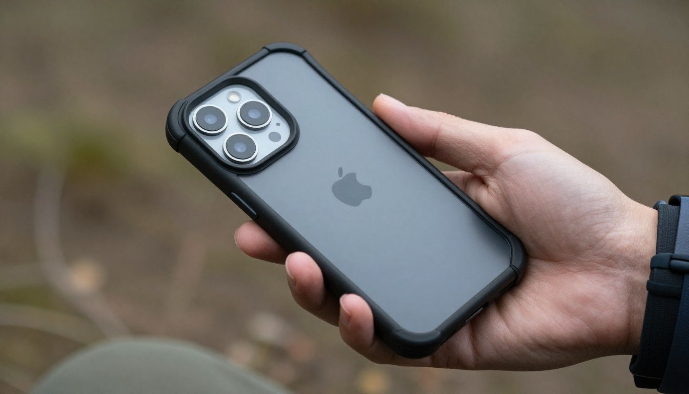 A person using their iPhone 14 Pro Max outdoors on a hiking trail, the phone is in a rugged case.