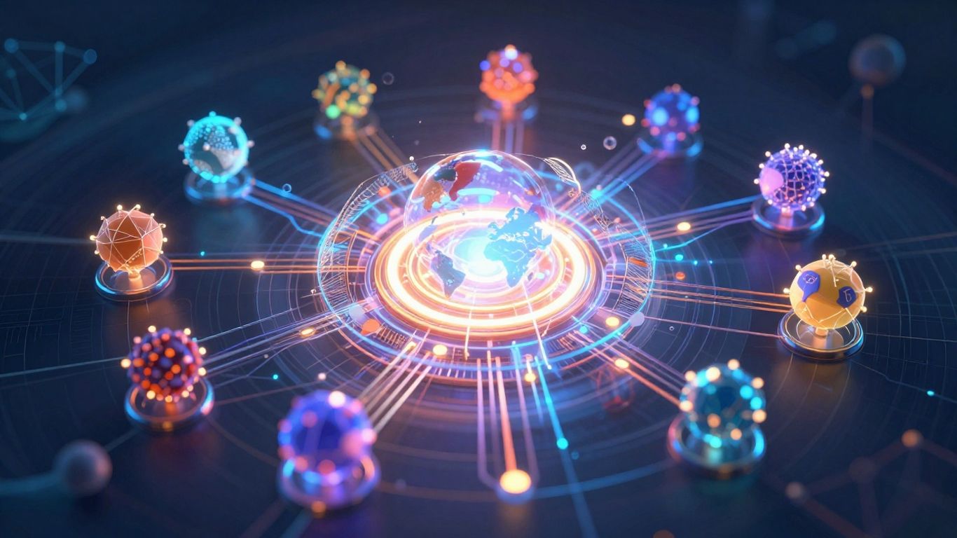 Abstract AI art with glowing circuits and network nodes.