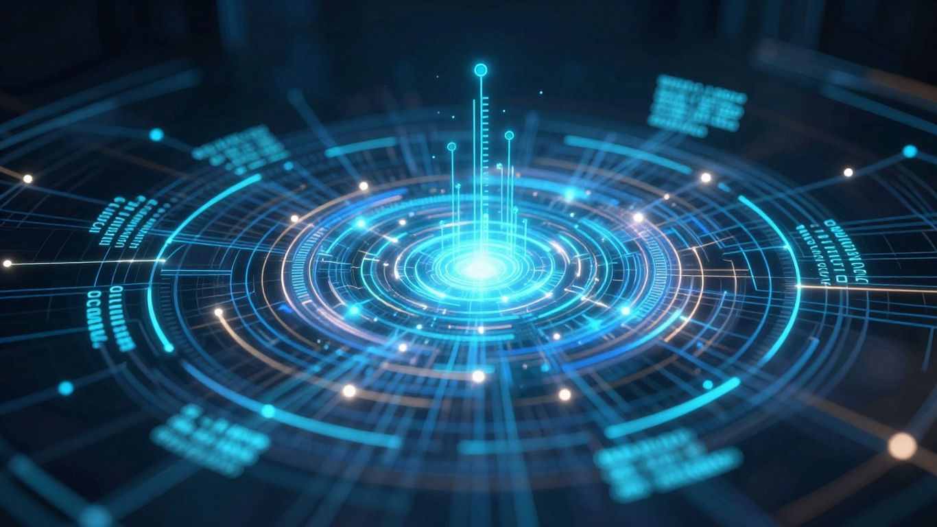 AI learning system interface with glowing data streams.