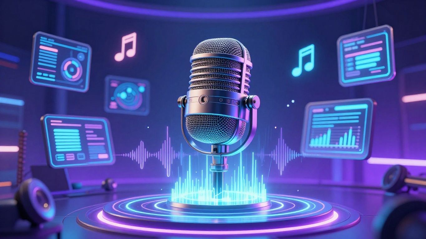 AI vocal generation technology in a futuristic studio.