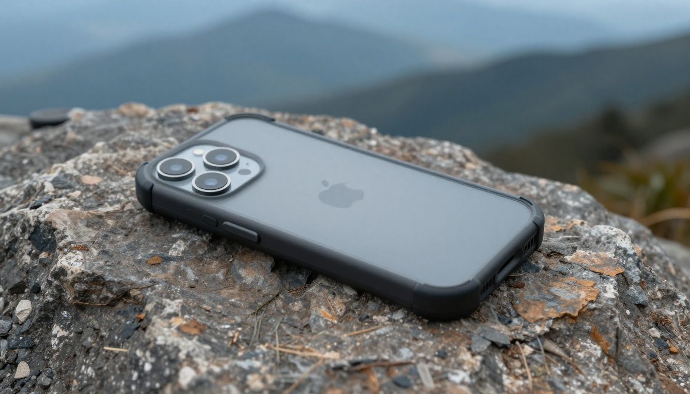 An iPhone 15 in a rugged case resting on a rock during a hike in the Blue Mountains