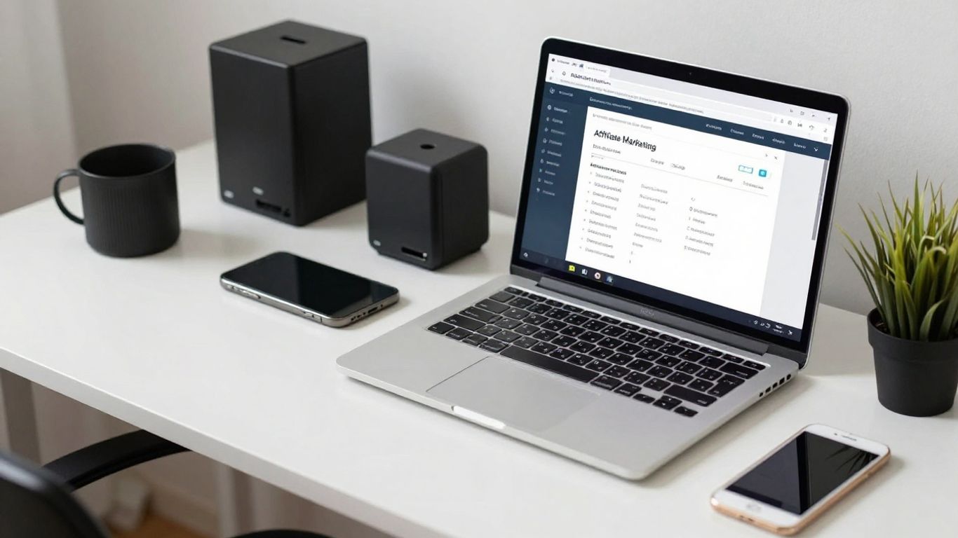 Affiliate marketing tech stack tools on a desk.
