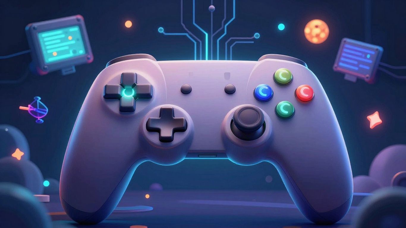 Game controller with glowing circuits and abstract game elements.