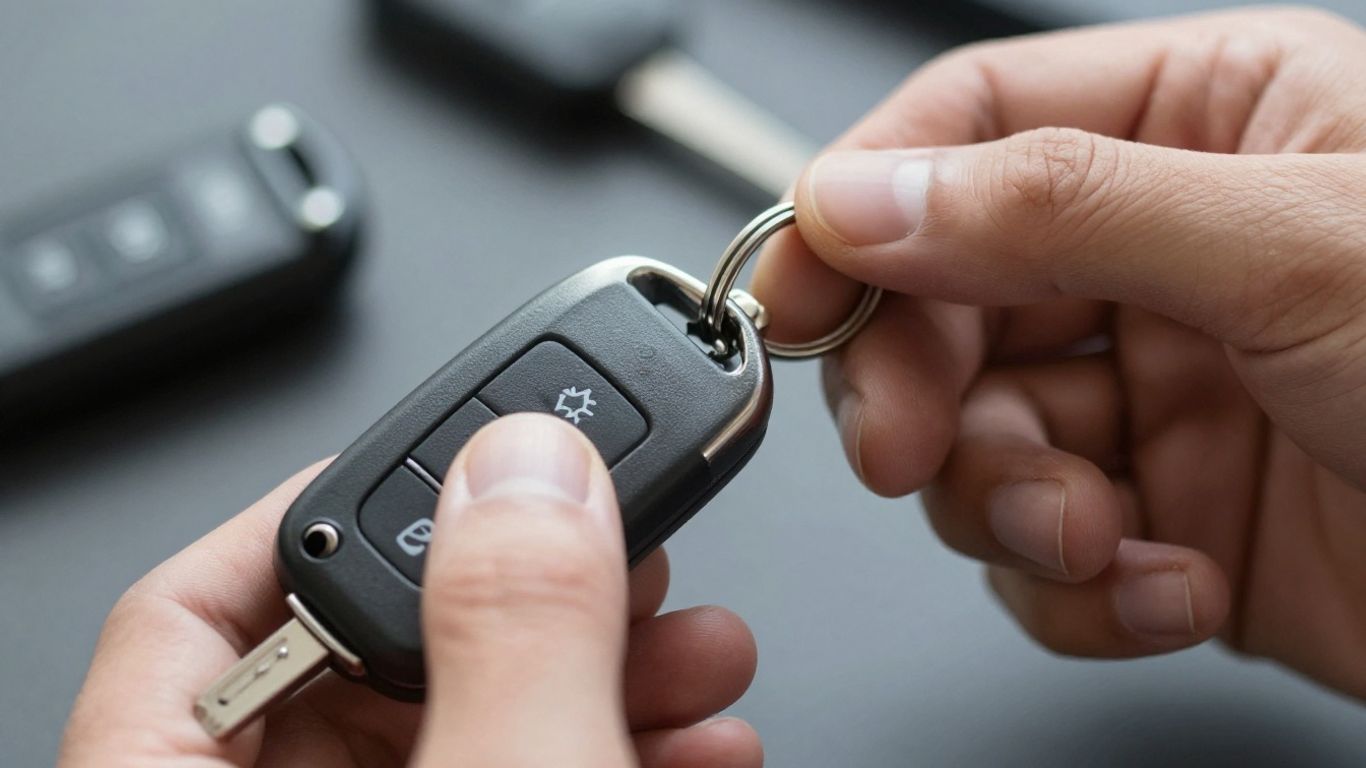 Locksmith programming a car key fob with a tool.