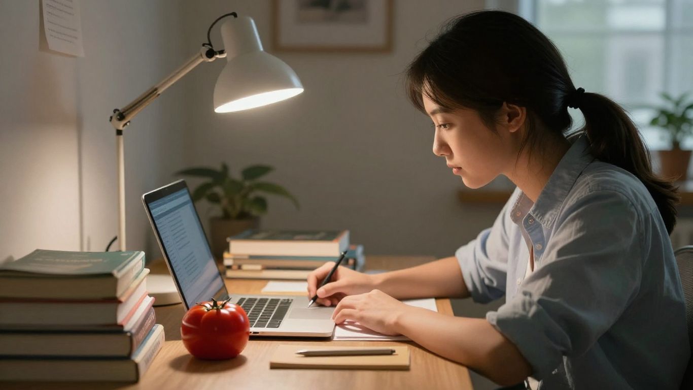 Student studying with a Pomodoro timer.
