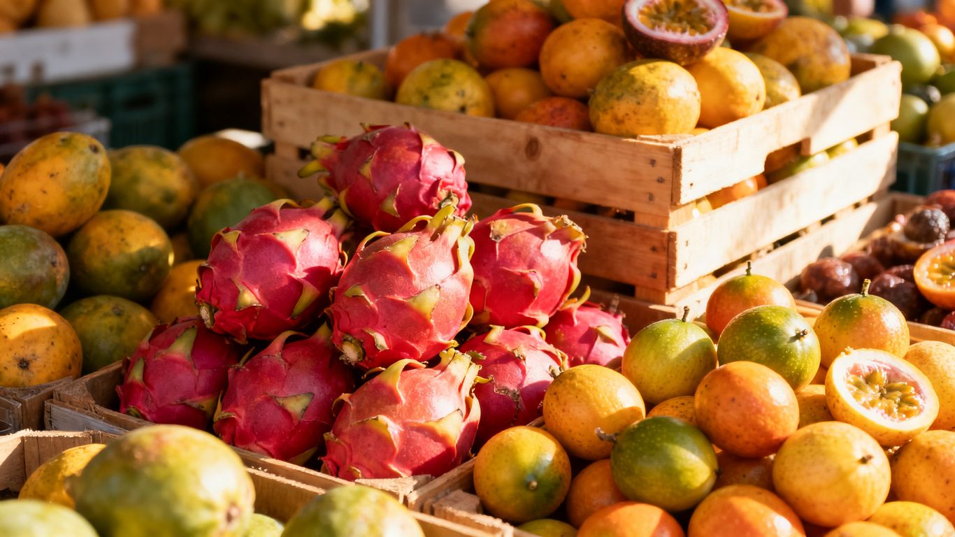Produce vendors display colorful exotic fruit