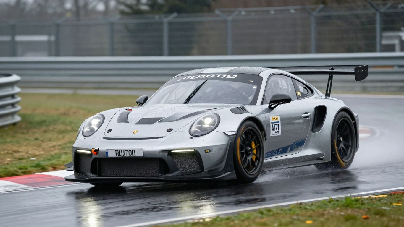 Porsche 911 GT3 R racing on a wet Nürburgring track.