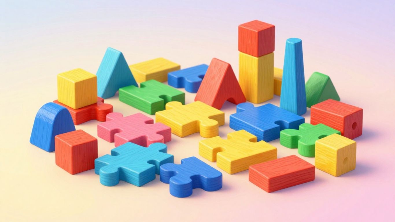 Colorful wooden blocks arranged in a puzzle game.