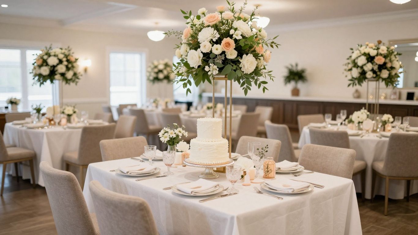Elegant baby shower venue with floral decorations and cake.