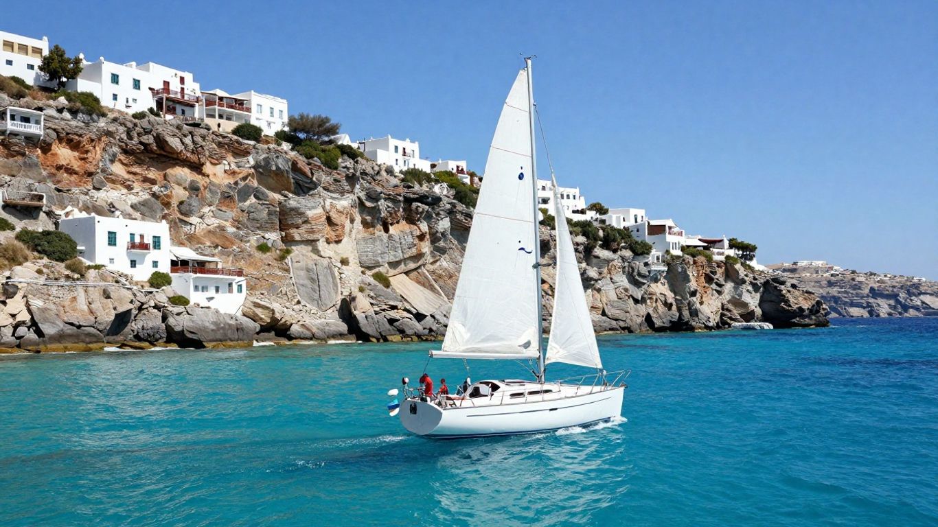 Sailboat on turquoise water near Greek islands.