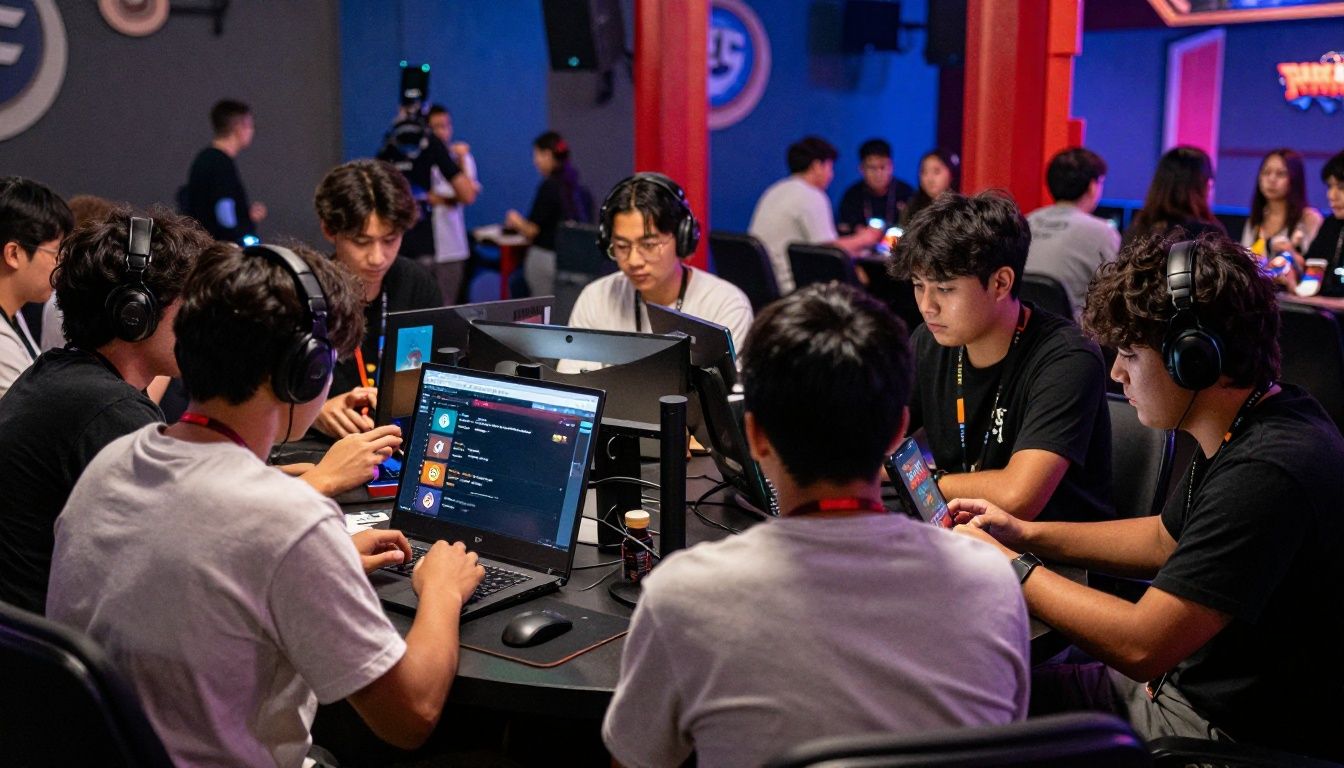 Um grupo de jogadores focados em um dispositivo móvel batalhando em uma arena vibrante de Brawl Stars