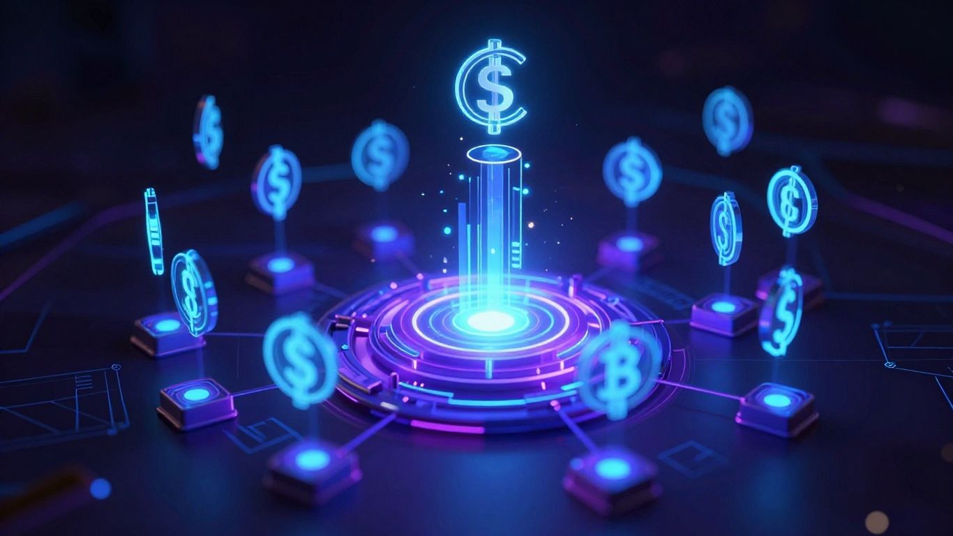 Digital blockchain network with glowing blocks and currency symbols.