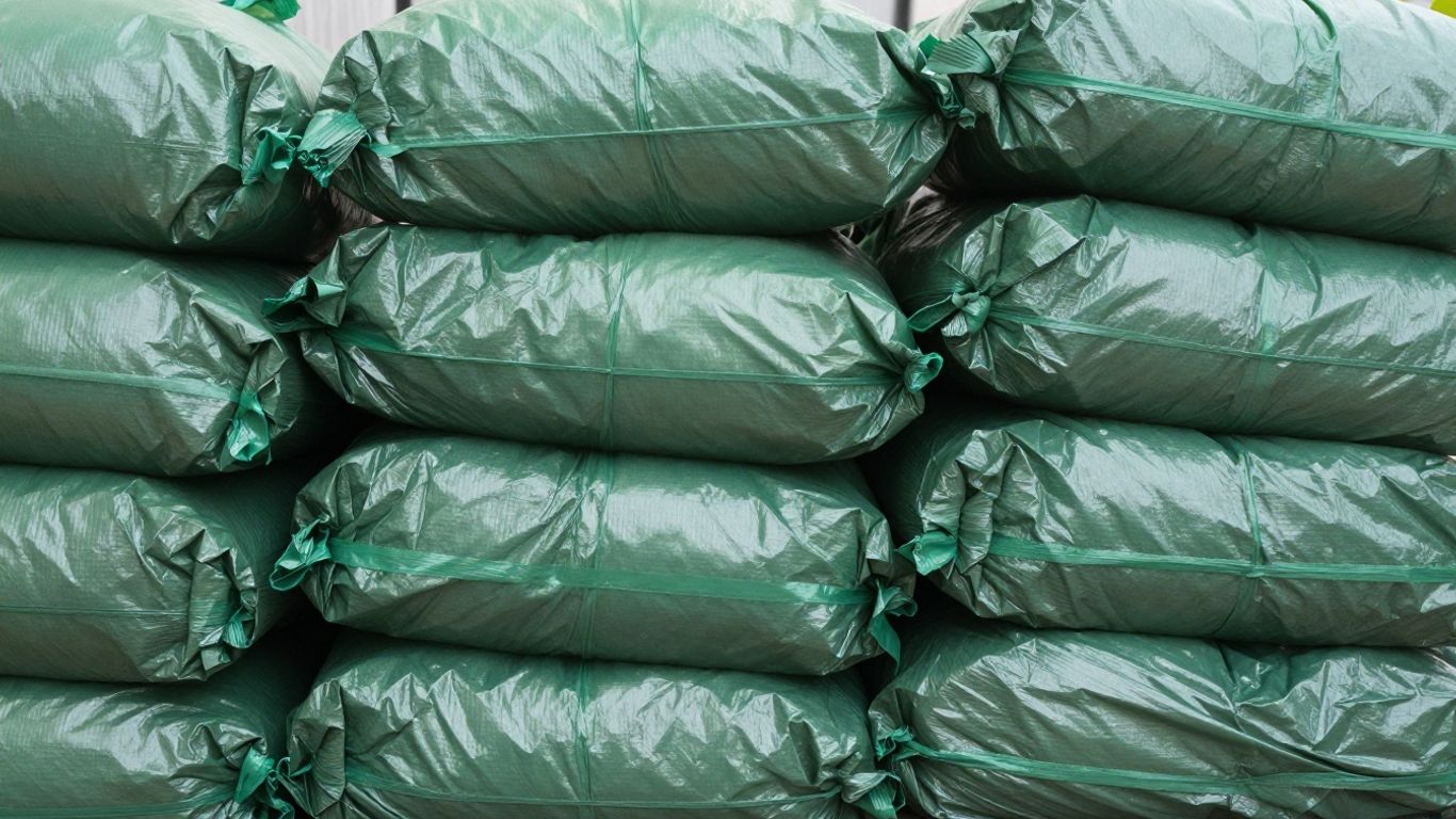 Large compostable garbage bags stacked neatly.