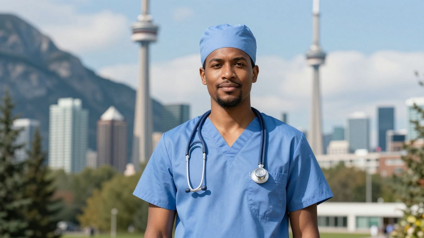 Travel nurse in Canada with scenic Canadian backdrop.