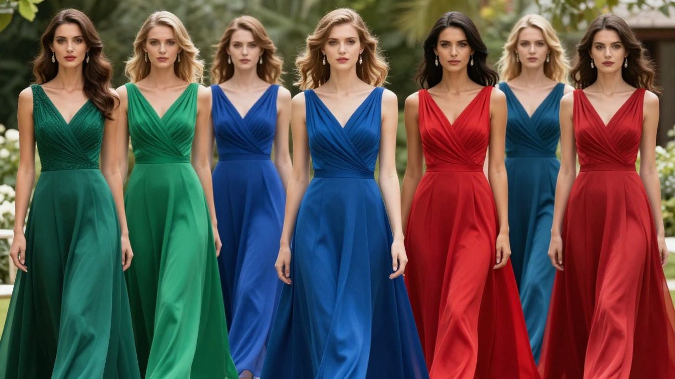 Elegant A-line wedding guest dresses in various colors.