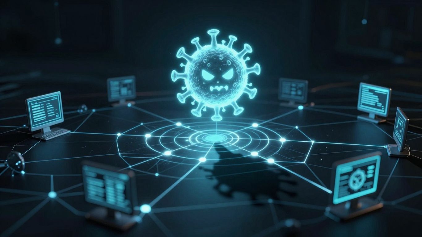 Digital network under cyber attack by a computer virus.