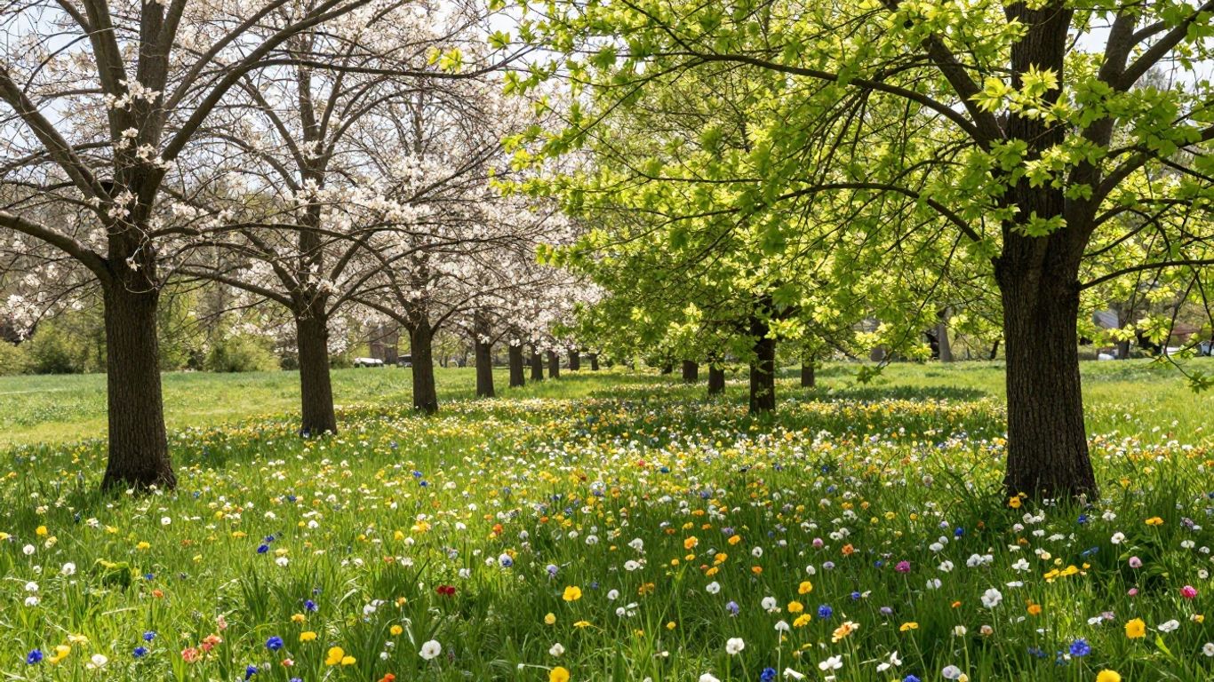 Frühlingswiese mit bunten Blumen und Sonnenlicht.