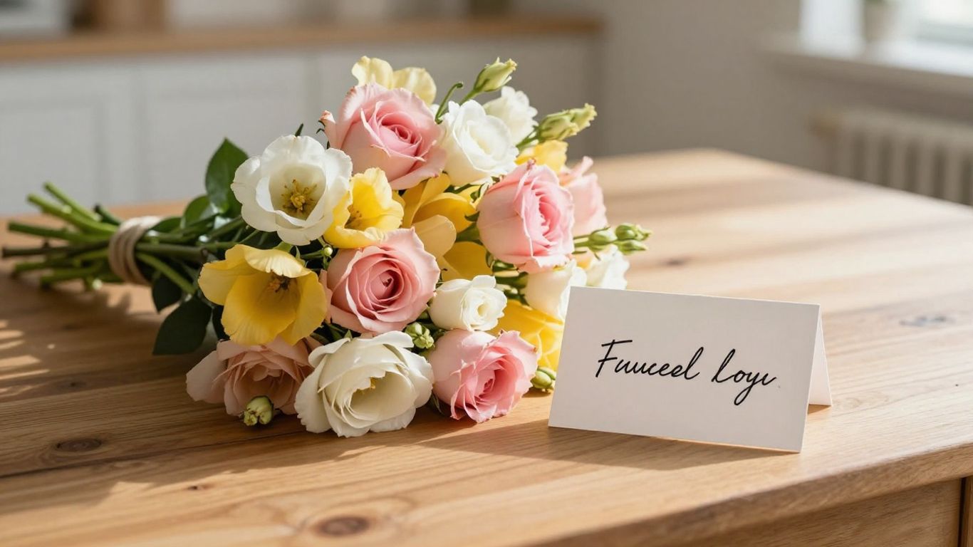 Bright seasonal bouquet beside a handwritten card