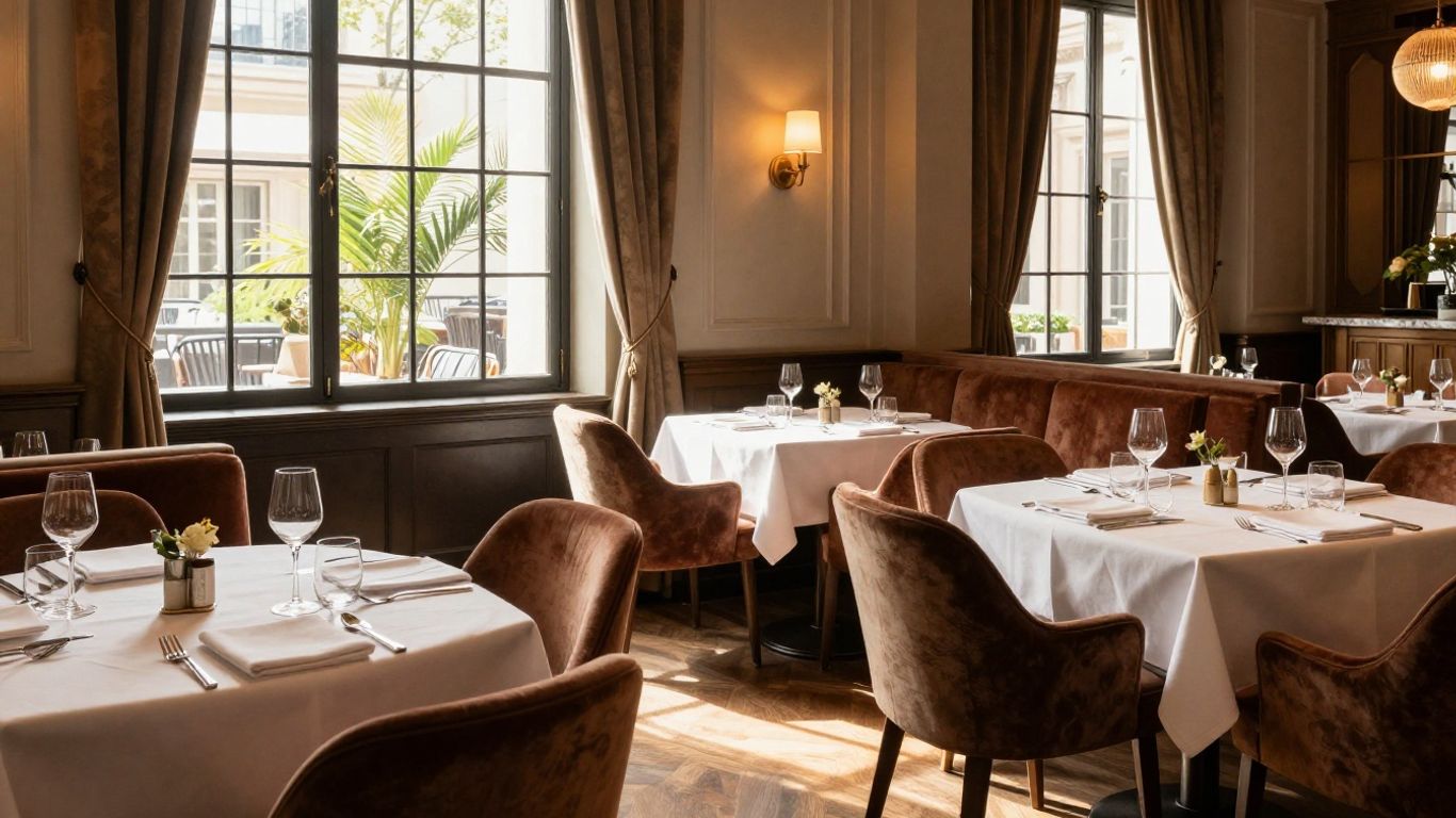 Elegant interior of Oak & Vine restaurant with soft lighting.