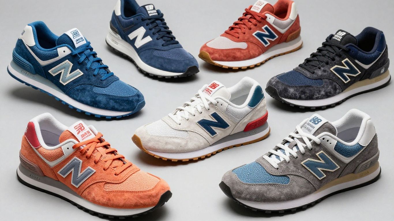 Baskets New Balance en soldes, couleurs vives, arrangement stylé.