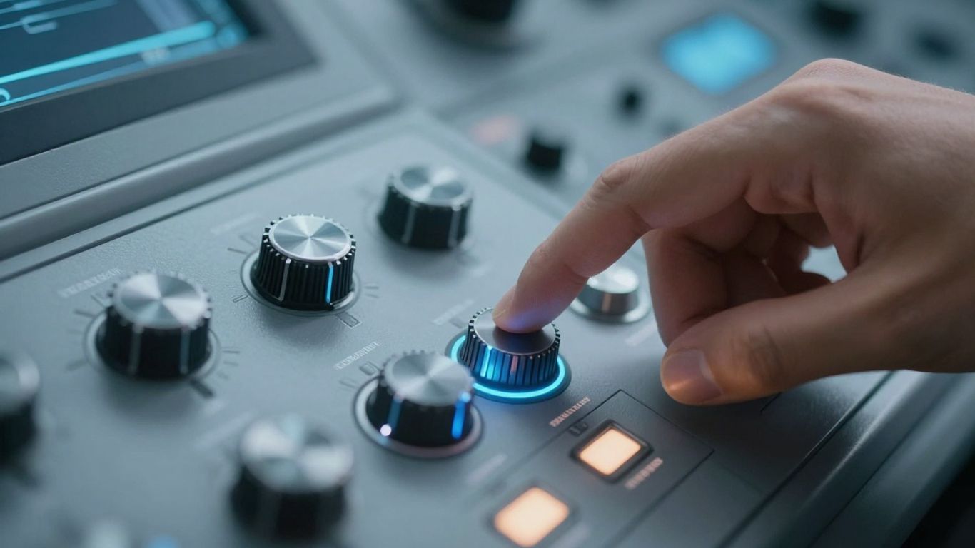 Hand adjusting advanced control panel with glowing buttons.