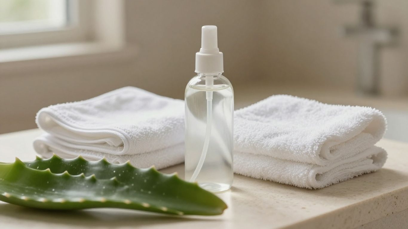 A glass bottle beside soft cotton towels