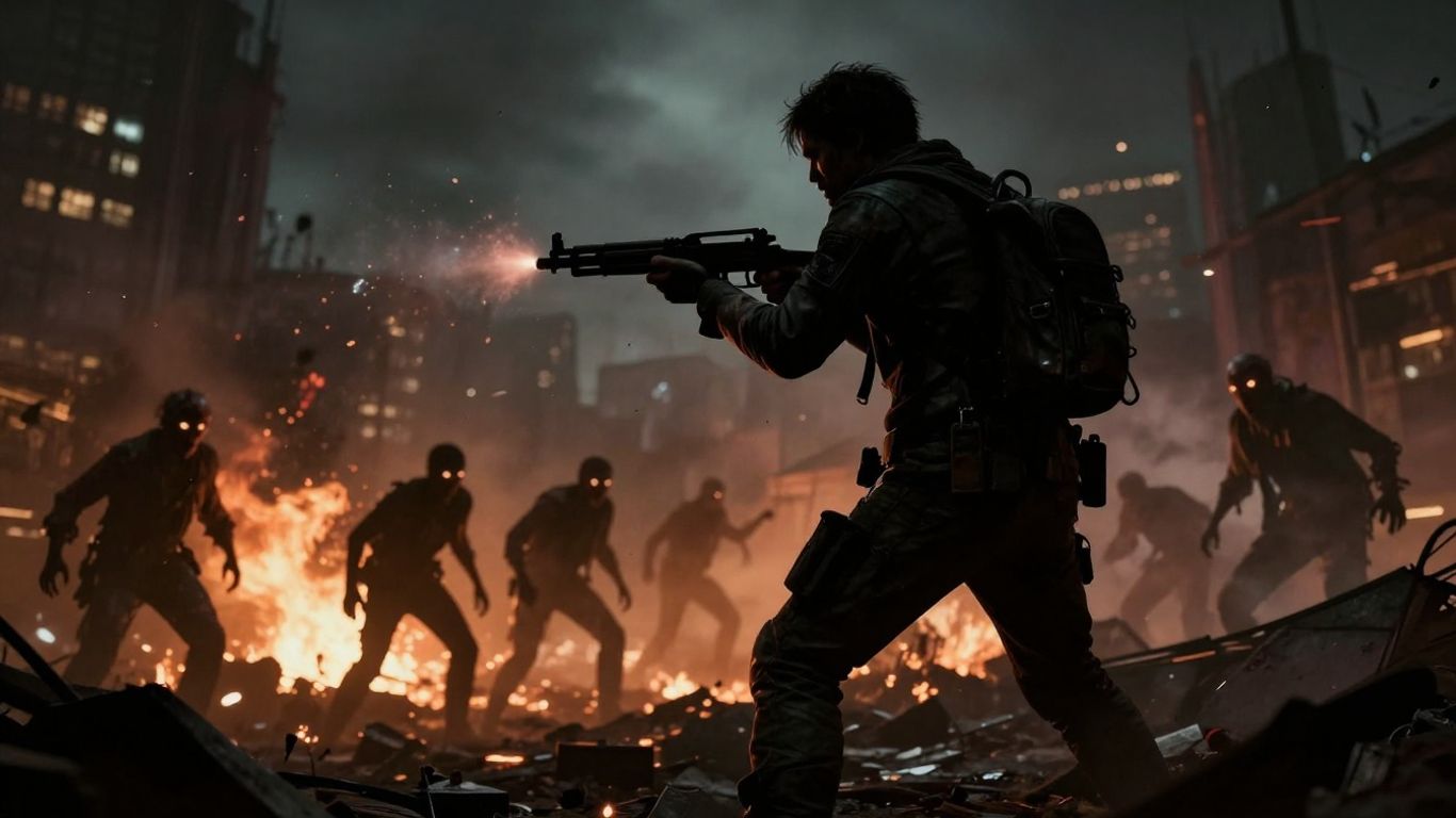 Survivor fighting zombies in a destroyed city.
