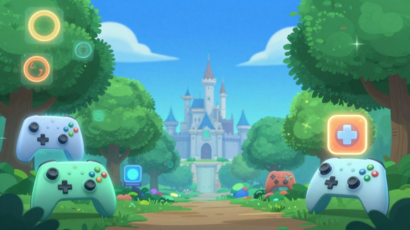 Game icons and controllers in a digital landscape.