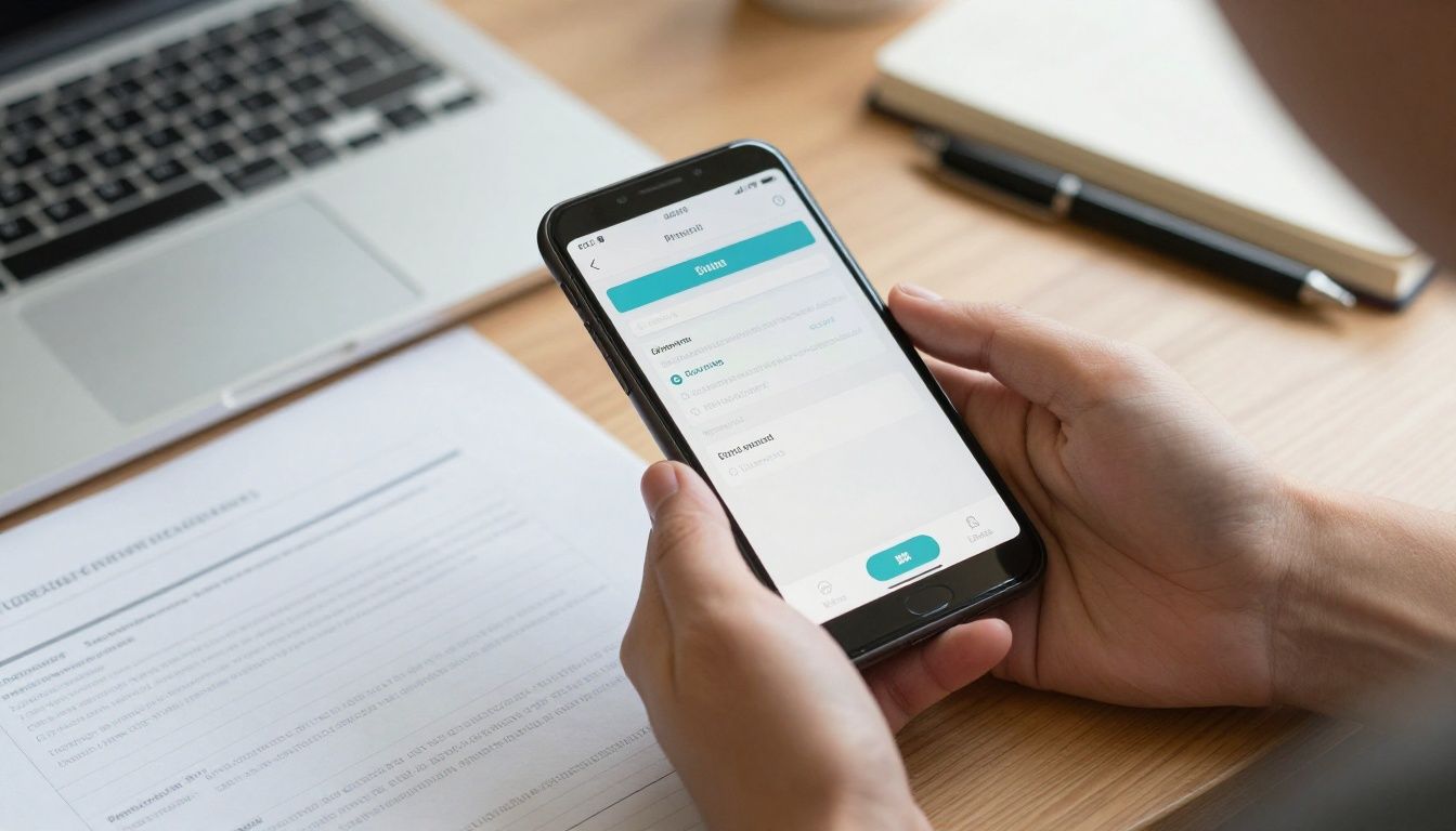 Pessoa usando o celular para escanear e organizar documentos digitais sobre uma mesa de trabalho