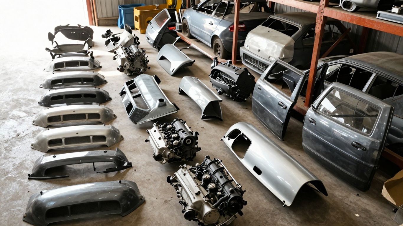 Mitsubishi car parts at a wrecking yard.