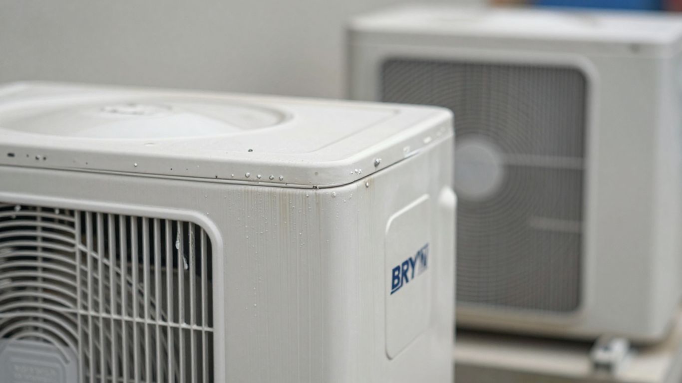 Bryant air conditioner unit exterior close-up.