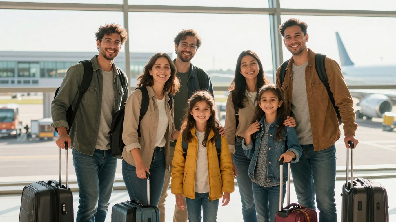 Family reuniting at airport, happy embraces.