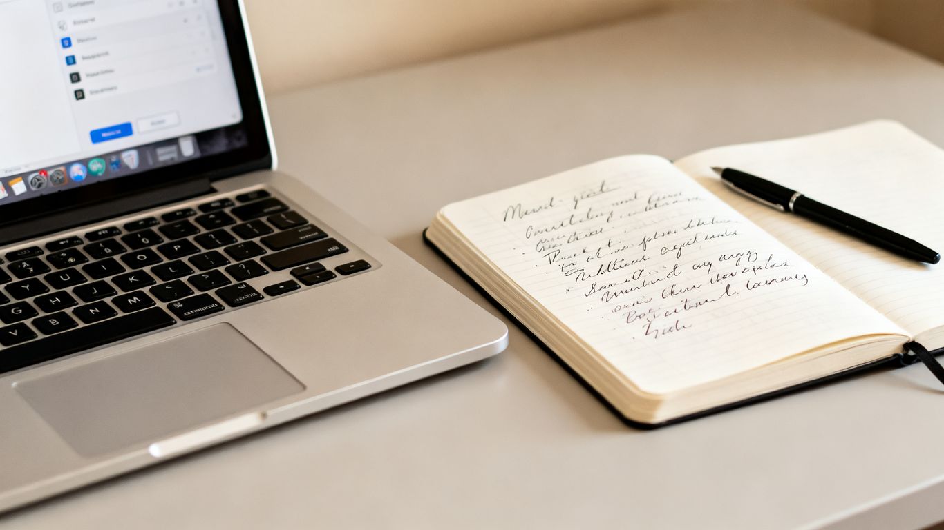Desk with laptop, notebook, and pen for knowledge base.