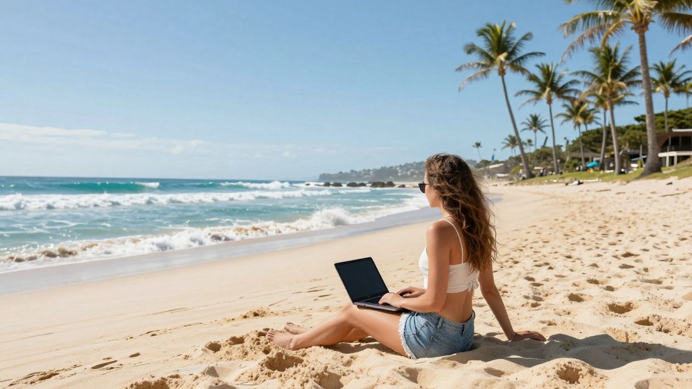 Person working on laptop on Australian beach.