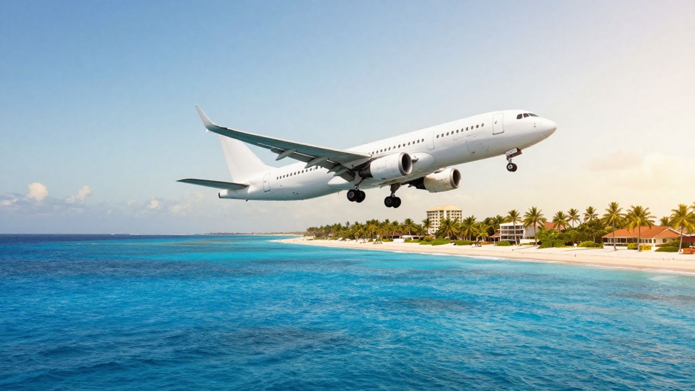 Airplane approaching a tropical coastline