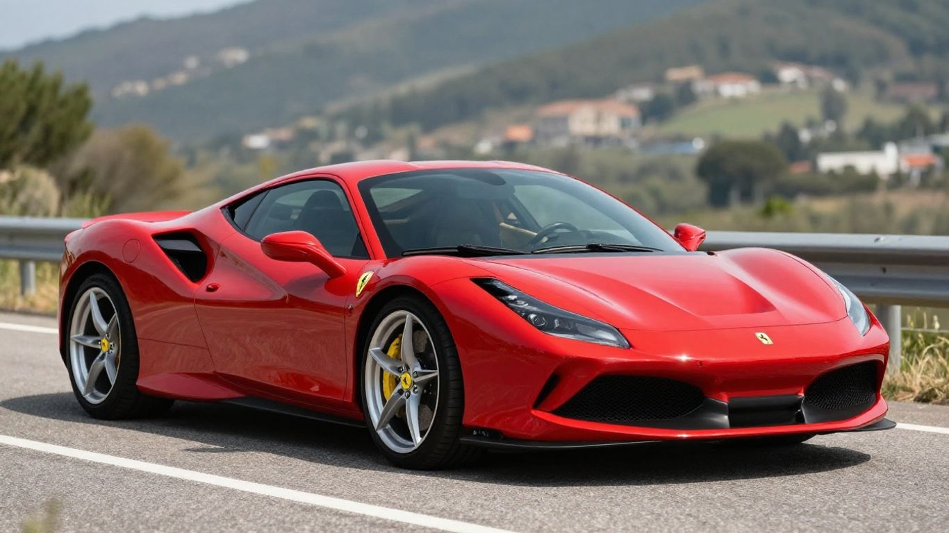 Red Ferrari F8 Tributo supercar on a road.