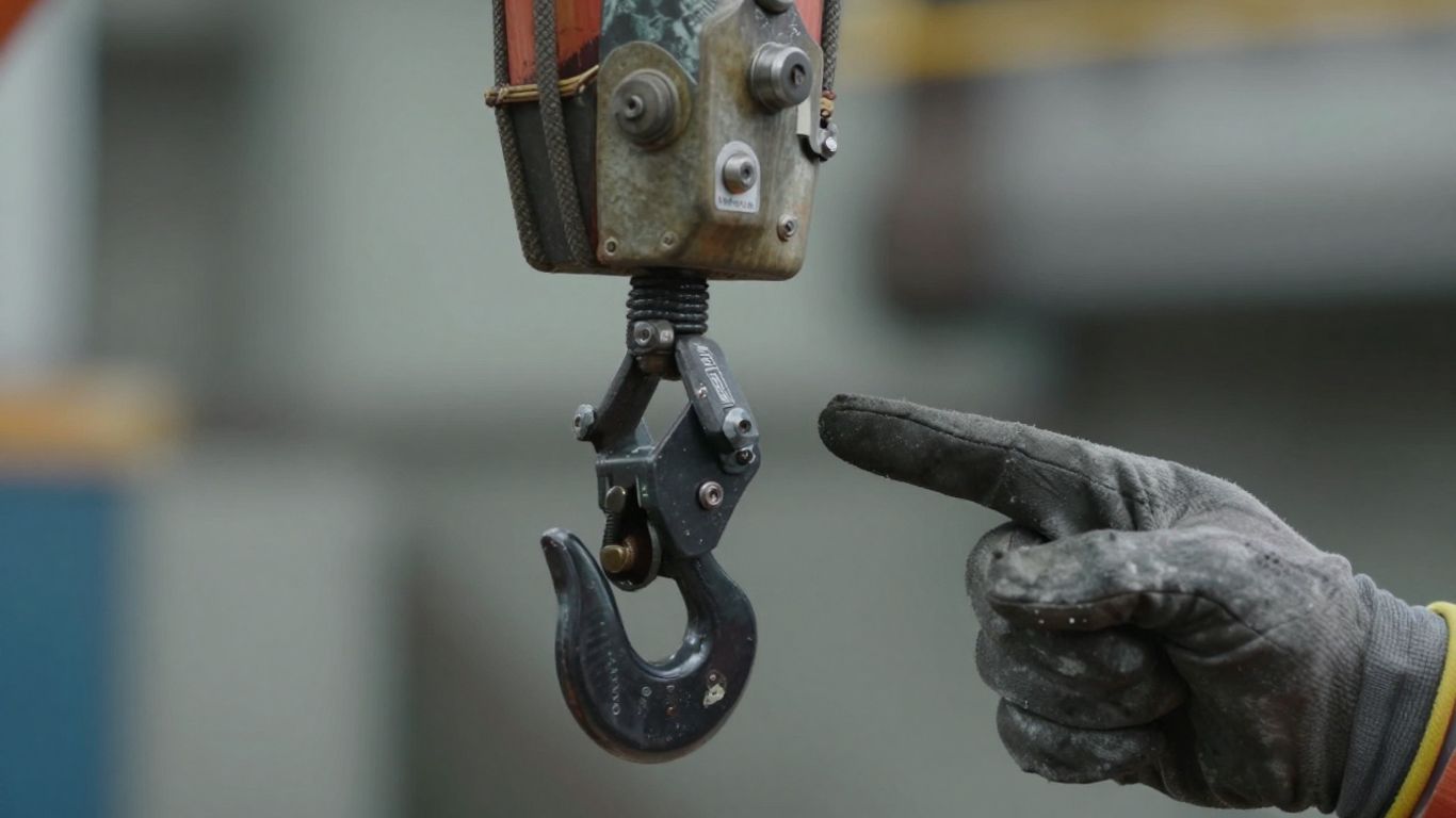 Crane inspection, technician examining hook and rigging.