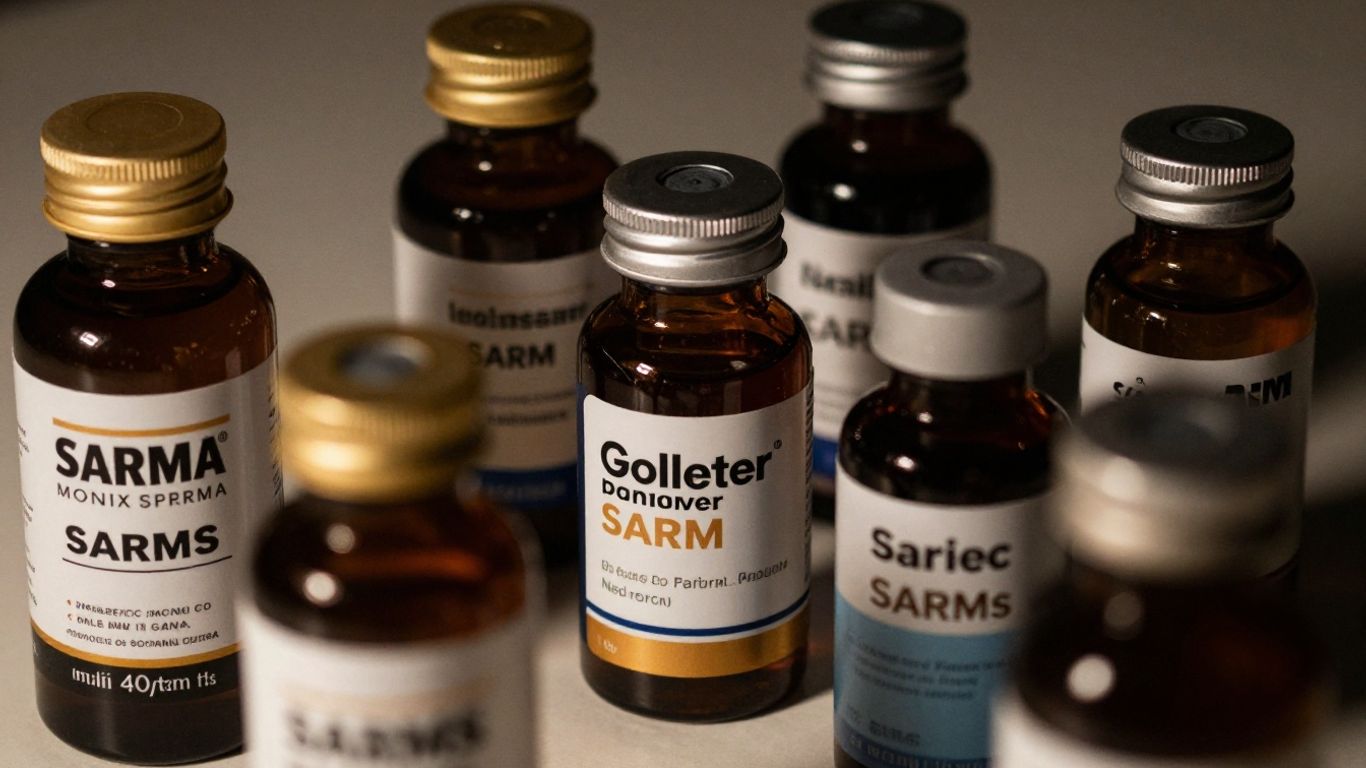 Golden Monster Pharma SARMs bottles with mysterious lighting.