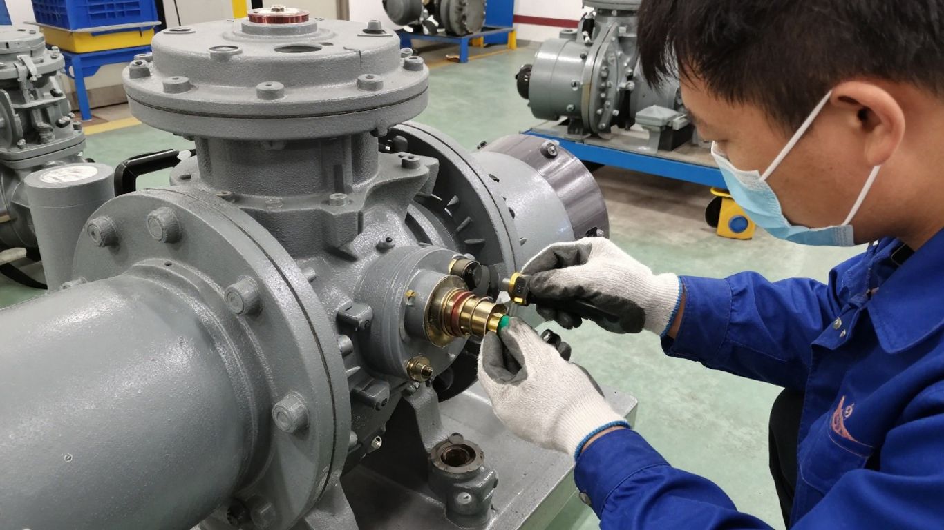 Maintenance worker inspecting pump