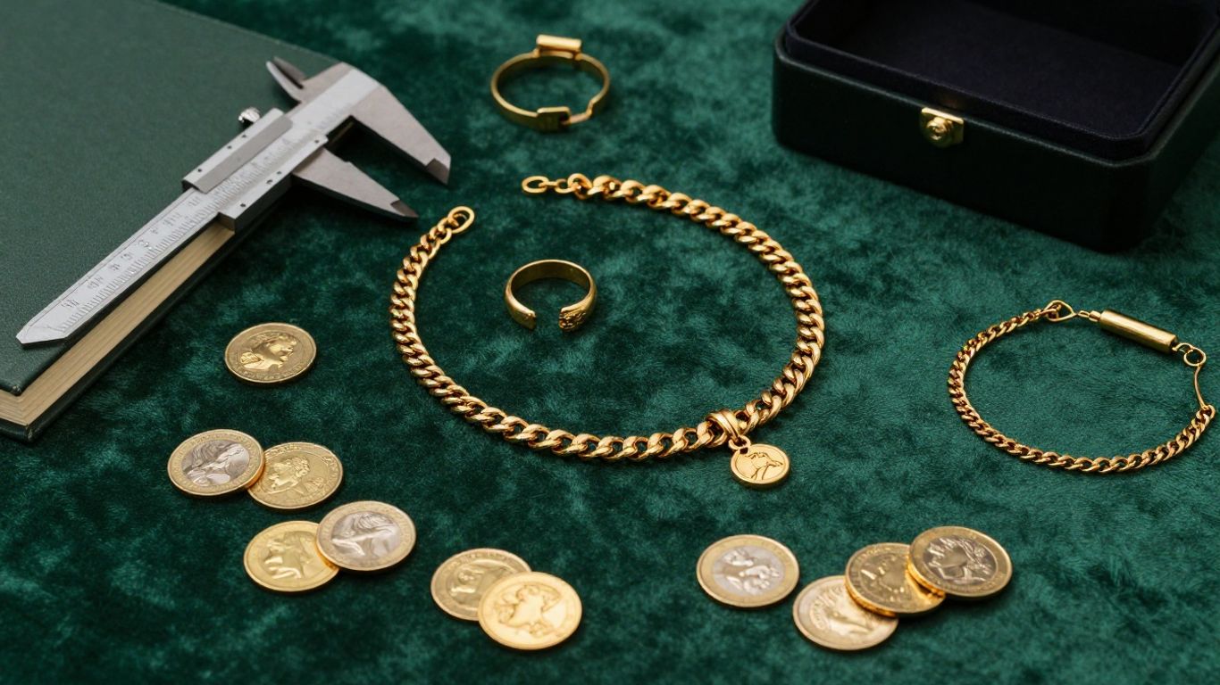 Gold chains rings and bracelets arranged on velvet