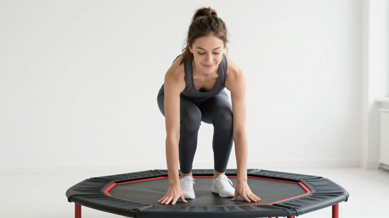 Beginner bouncing on a mini-trampoline for fitness.