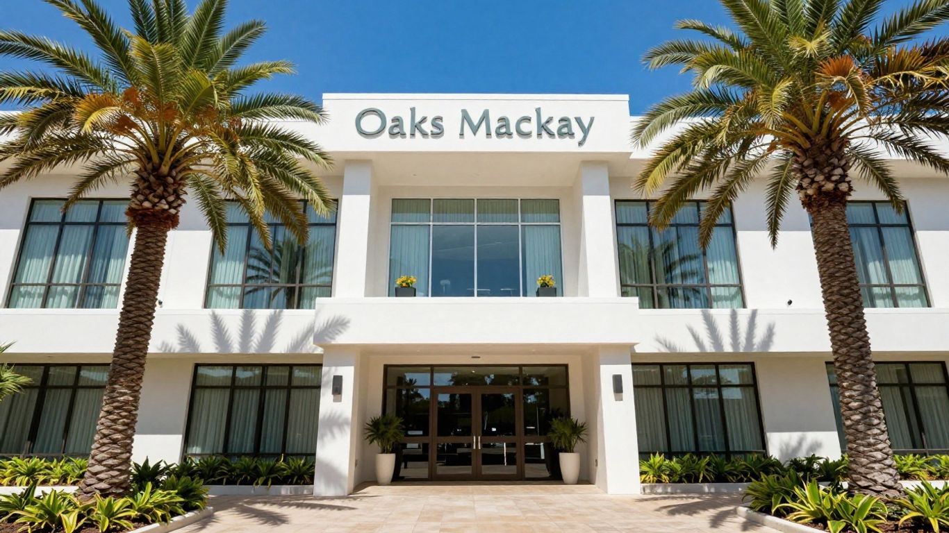 Oaks Mackay hotel exterior with palm trees.